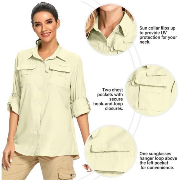 Women's UPF 50+ UV Sun Protection Safari Shirt, Long Sleeve Outdoor Cool Quick - Picture 2 of 7